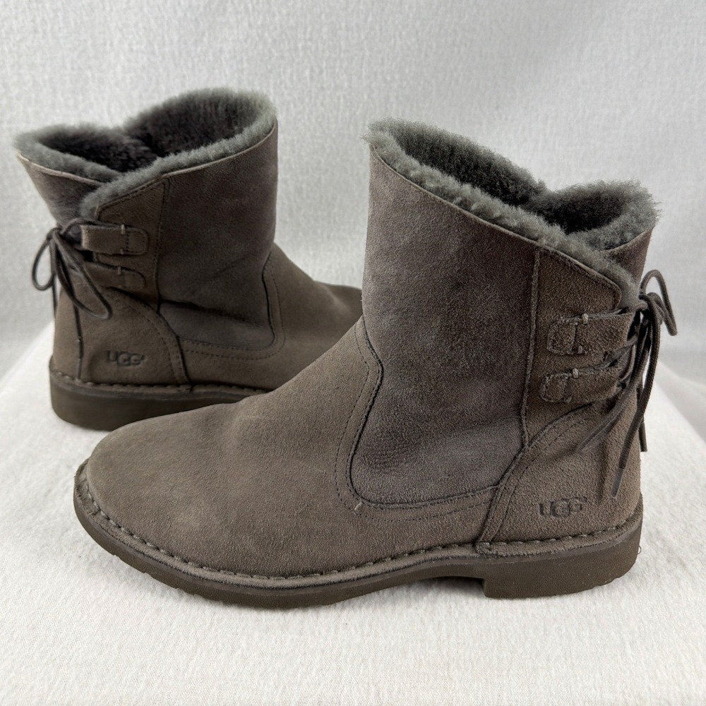 UGG Quincy Grey Suede Shearling Lace Up Ankle Boots 1020144 Womens 10
